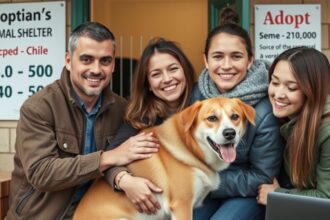 Család kutyával az állatmenhely előtt, örökbefogadásra várva.