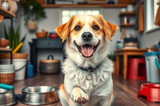 Egy boldog kutya az otthoni környezetében, ételtálakkal.