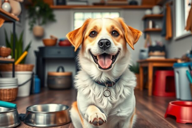 Egy boldog kutya az otthoni környezetében, ételtálakkal.