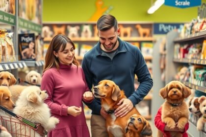 Két ember kutyákkal egy állatkereskedésben gazdaságos kutyatartásról