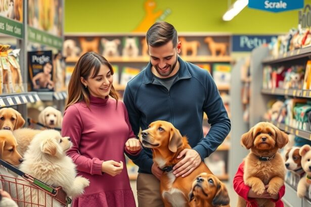 Két ember kutyákkal egy állatkereskedésben gazdaságos kutyatartásról
