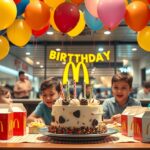 Gyerekek születésnapi buli a McDonald'sban tortával és lufikkal.