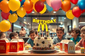 Gyerekek születésnapi buli a McDonald'sban tortával és lufikkal.