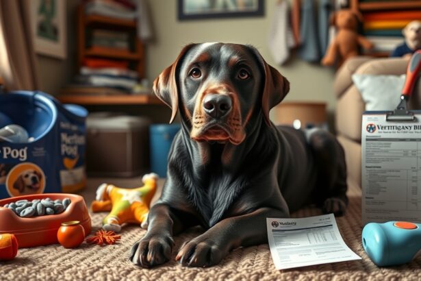 Labrador kutya a házban, játékok és állatorvosi számlák között.