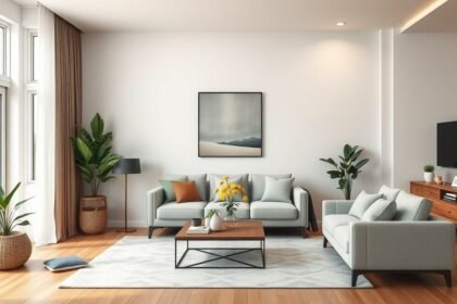 Modern lakásmodern berendezéssel és világos terekkel.