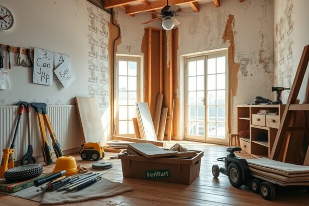 Felújításra váró szoba szerszámokkal és anyagokkal.