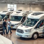 Lakóautók a bemutatóteremben, vásárlók tájékozódnak.