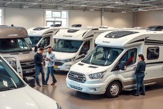 Lakóautók a bemutatóteremben, vásárlók tájékozódnak.