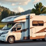 Modern lakóautó gyönyörű tájban, ideális utazásra