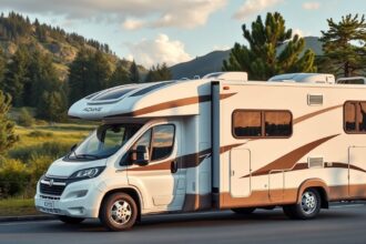 Modern lakóautó gyönyörű tájban, ideális utazásra