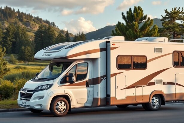 Modern lakóautó gyönyörű tájban, ideális utazásra