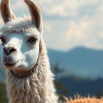 Fehér láma hegyvidéki környezetben, nyugodt tekintettel.