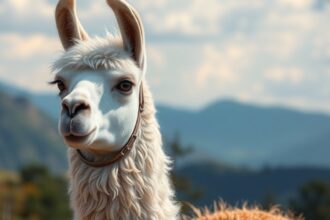 Fehér láma hegyvidéki környezetben, nyugodt tekintettel.