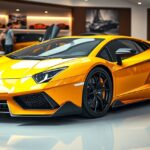 Sárga Lamborghini Aventador a kiállítóteremben, sportautó