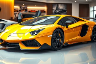 Sárga Lamborghini Aventador a kiállítóteremben, sportautó