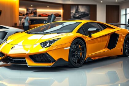 Sárga Lamborghini Aventador a kiállítóteremben, sportautó