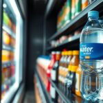 Egy liter palackozott víz a hűtőpultban különféle italok mellett.