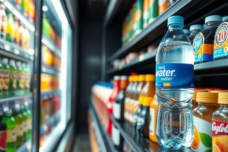 Egy liter palackozott víz a hűtőpultban különféle italok mellett.