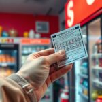 Lottószelvény vásárlása boltban, háttérben italokkal és ételekkel.