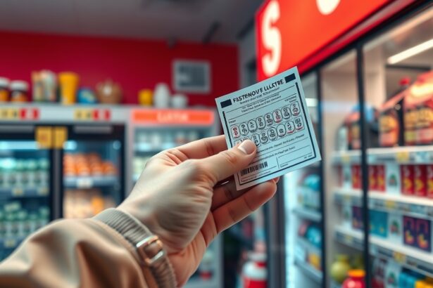 Lottószelvény vásárlása boltban, háttérben italokkal és ételekkel.