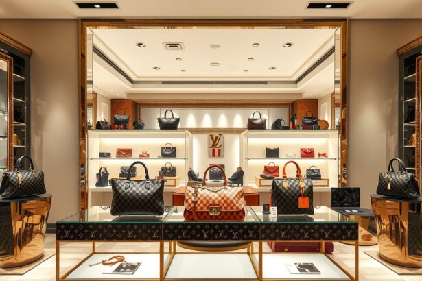 Luxus Louis Vuitton táskák a boltban, különböző modellek és stílusok.