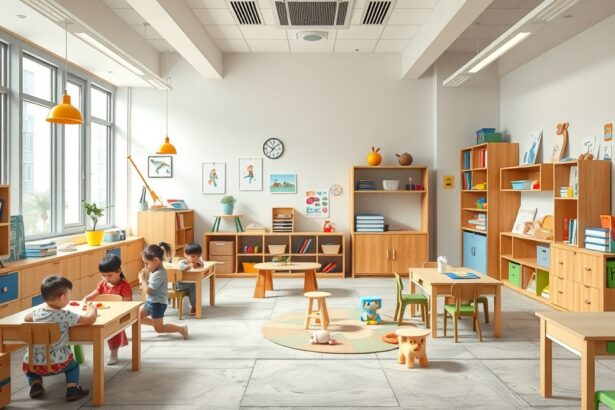 Gyerekek egy világos, modern magánóvodai osztályteremben játszanak.