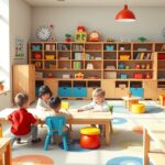 Gyerekek játszanak egy színes, jól berendezett magánóvodában.
