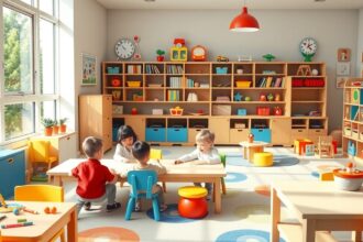 Gyerekek játszanak egy színes, jól berendezett magánóvodában.