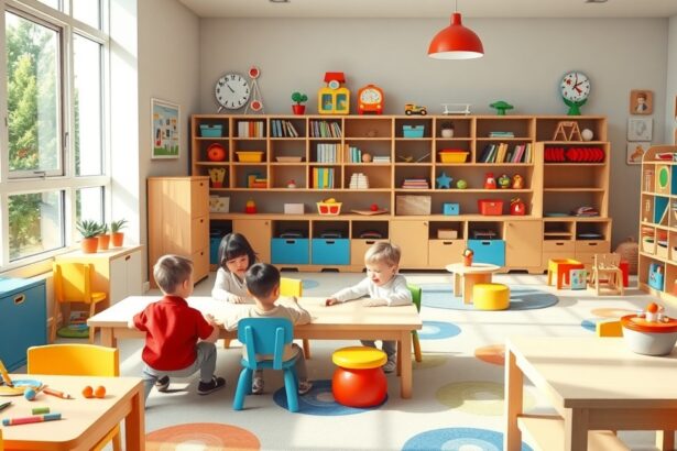 Gyerekek játszanak egy színes, jól berendezett magánóvodában.