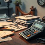 Íróasztal magánnyomozói eszközökkel és számológéppel.