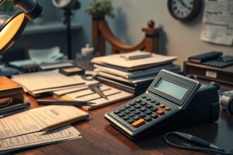 Íróasztal magánnyomozói eszközökkel és számológéppel.