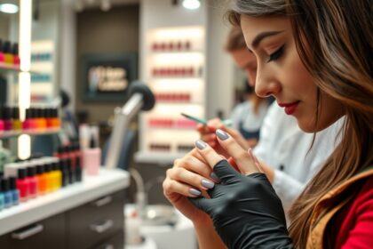 Gél lakkozás folyamat egy szépségszalonban.