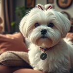 Máltai selyemkutya otthon egy kanapén, kedves arccal.