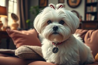 Máltai selyemkutya otthon egy kanapén, kedves arccal.