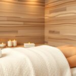 Masszázs asztal gyertyákkal és virágokkal