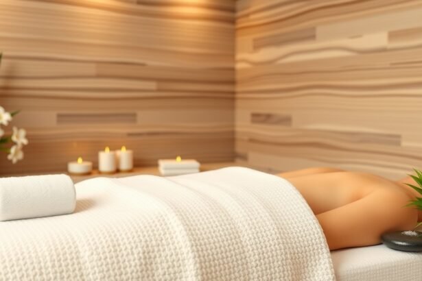 Masszázs asztal gyertyákkal és virágokkal