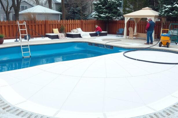 Két ember medence téliesítése, fehér takaróval.