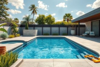 Modern medence gyönyörű kertben napfényben