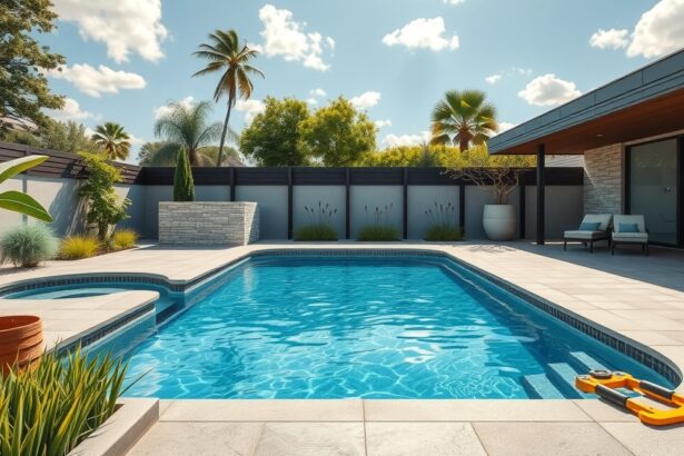 Modern medence gyönyörű kertben napfényben