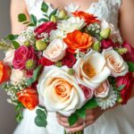 Színes menyasszonyi csokor rózsákkal és egyéb virágokkal.
