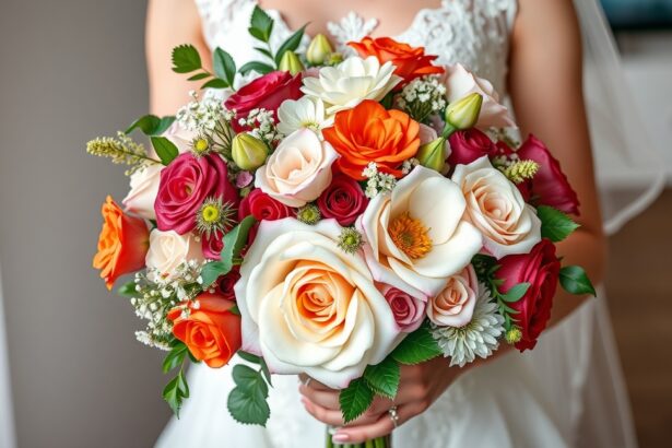 Színes menyasszonyi csokor rózsákkal és egyéb virágokkal.
