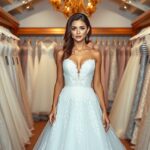 Gyönyörű menyasszonyi ruha bemutatása esküvői boltban