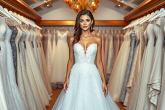 Gyönyörű menyasszonyi ruha bemutatása esküvői boltban