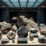 Meteoritok kiállítása, különböző típusú űrkincsek