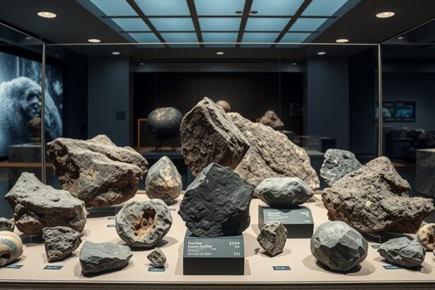 Meteoritok kiállítása, különböző típusú űrkincsek