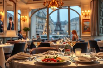 Michelin-csillagos vacsora Párizs éttermében az Eiffel-torony közelében.