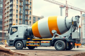Betonkeverő teherautó építkezésen, modern lakóépületek mögött.