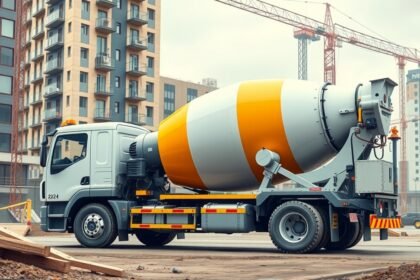 Betonkeverő teherautó építkezésen, modern lakóépületek mögött.