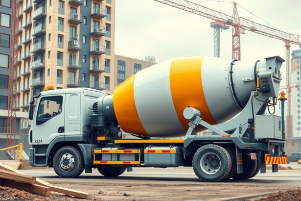 Betonkeverő teherautó építkezésen, modern lakóépületek mögött.