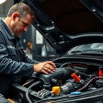 Műhelyben motordiagnosztikát végző autószerelő.